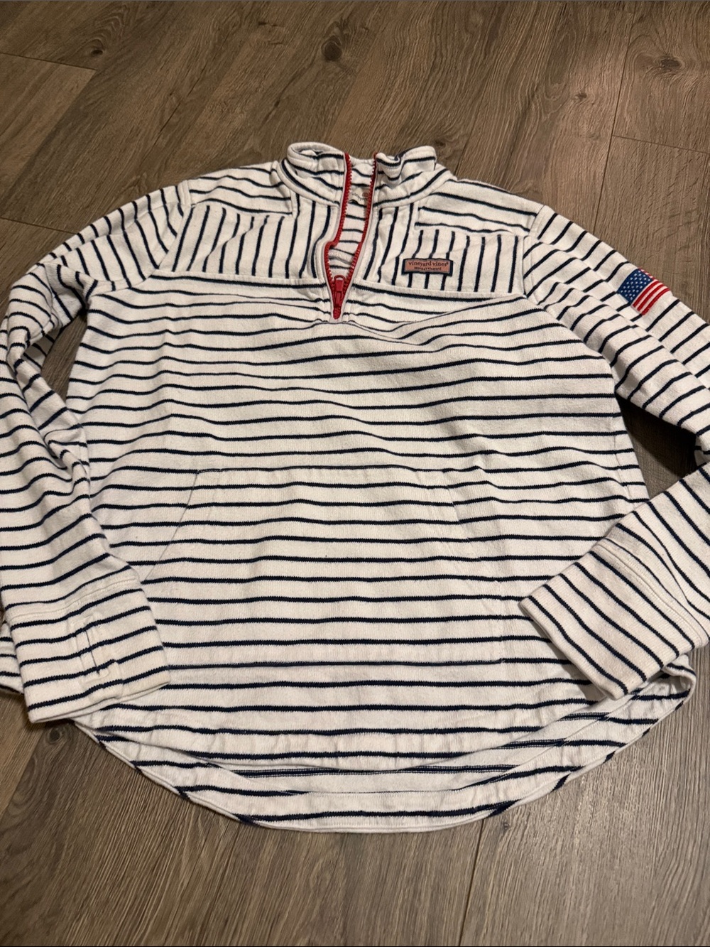 Vineyard Vines White Navy Striped Sweatshirt with Red Trim